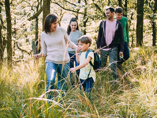 Foster children with foster parents walking through a forest